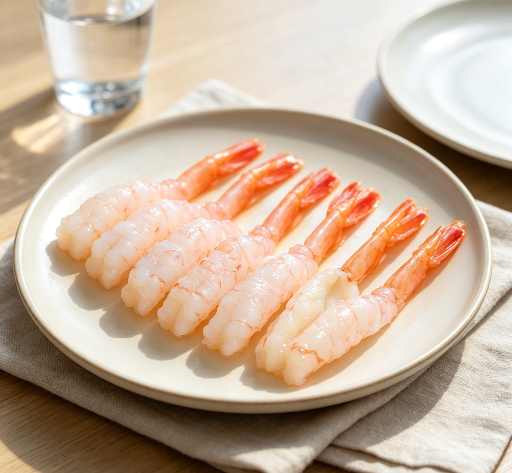 Cooked shrimp skewers with pink tails on a white plate (photo 1 of 3)