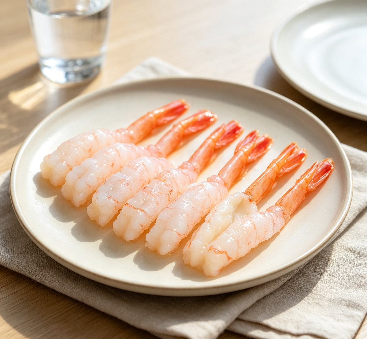 Cooked shrimp skewers with pink tails on a white plate (photo 1 of 3)