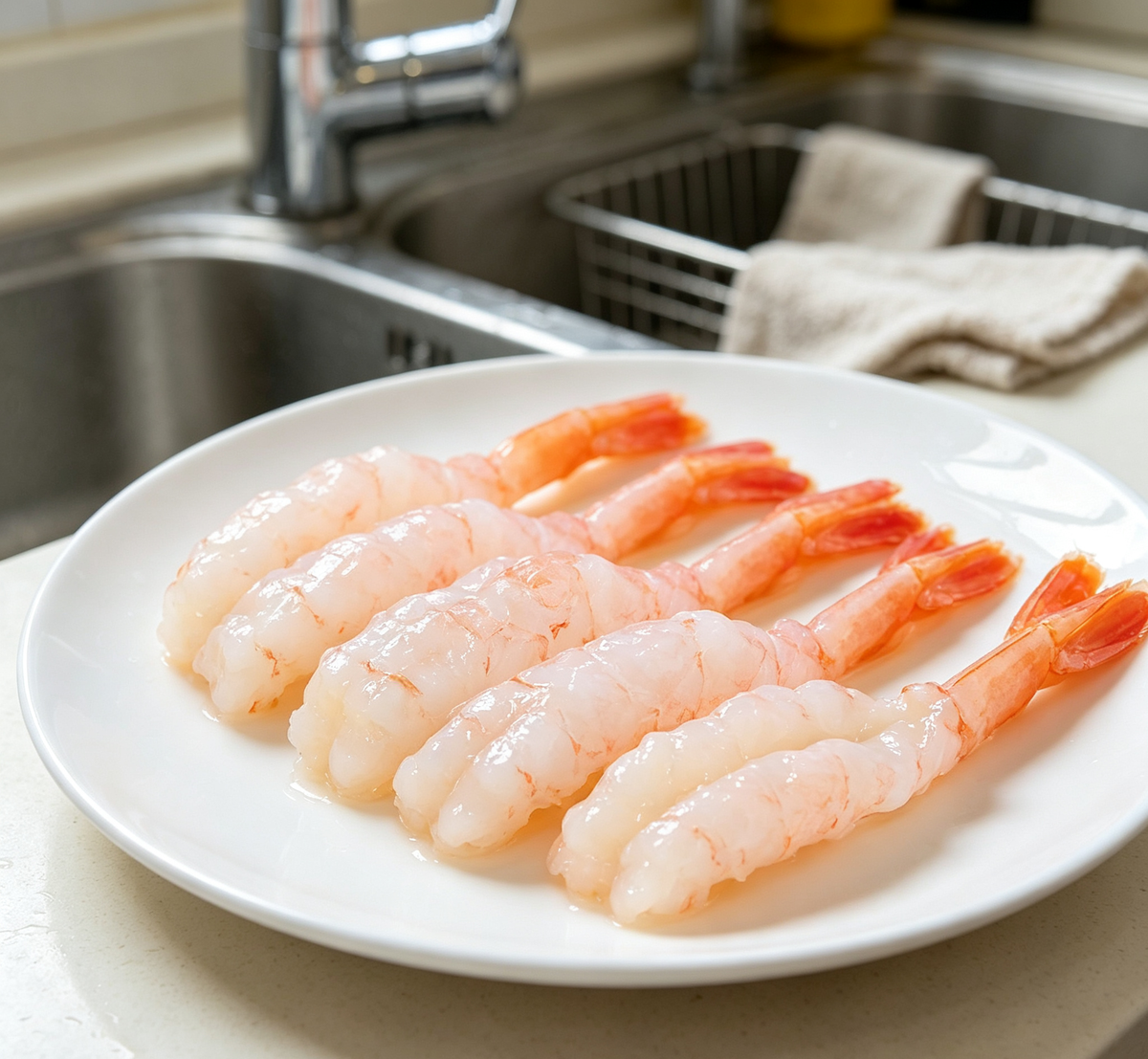 Cooked shrimp skewers with pink tails on a white plate (photo 3 of 3)