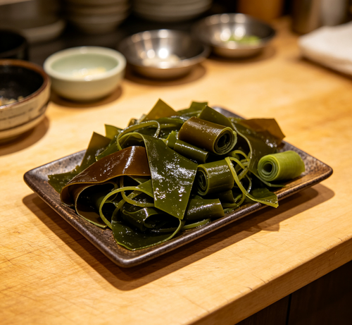 Kelp sheets and rolled strips arranged on a rustic plate (photo 1 of 3)