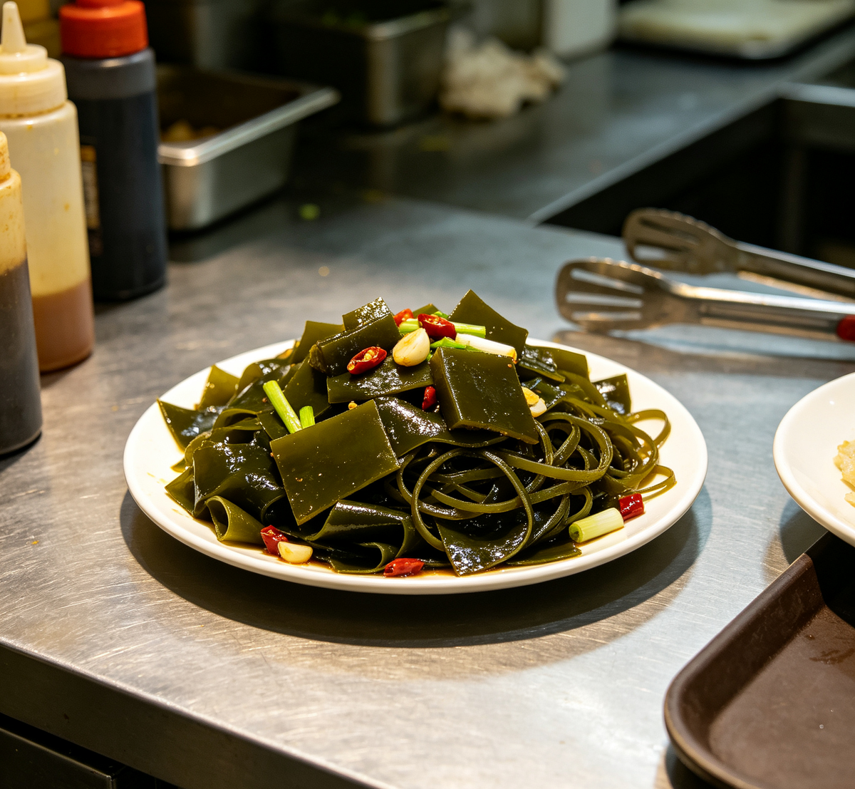 Kelp sheets and rolled strips arranged on a rustic plate (photo 2 of 3)
