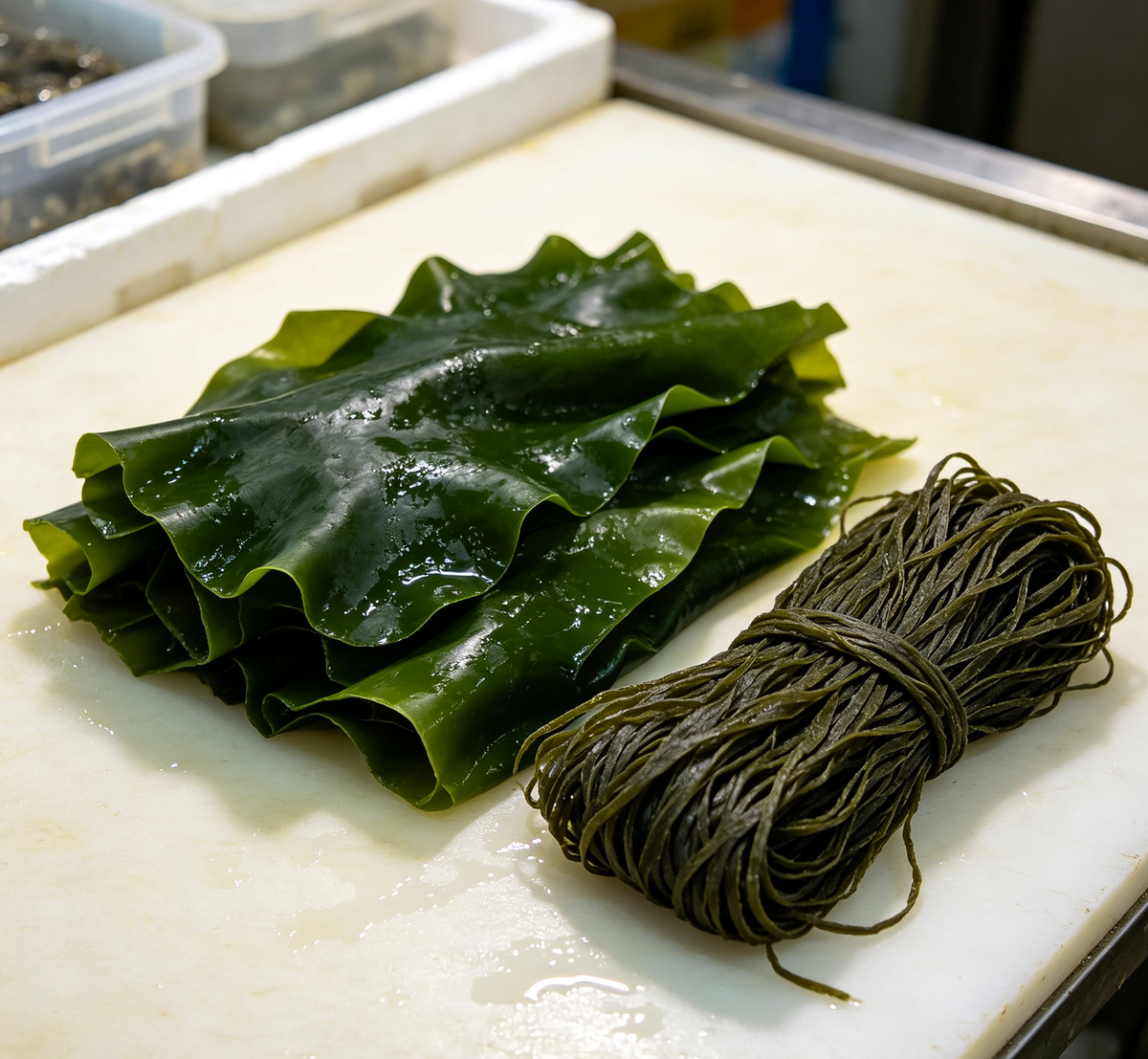 Kelp sheets and rolled strips arranged on a rustic plate (photo 3 of 3)