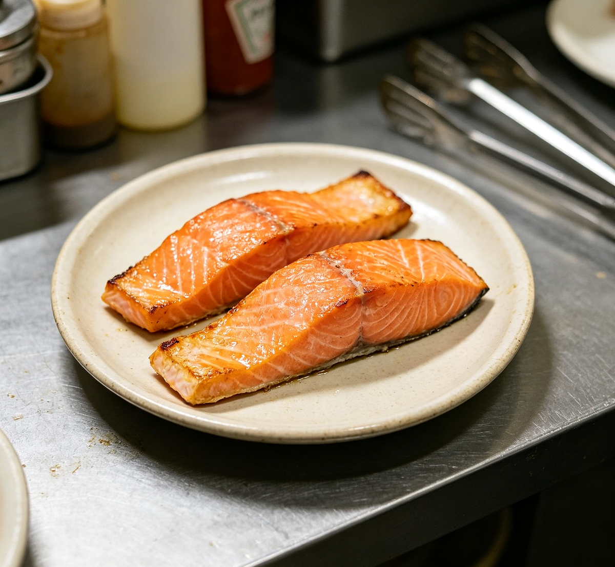 Seared salmon fillets with a golden crust on a white plate (photo 1 of 3)