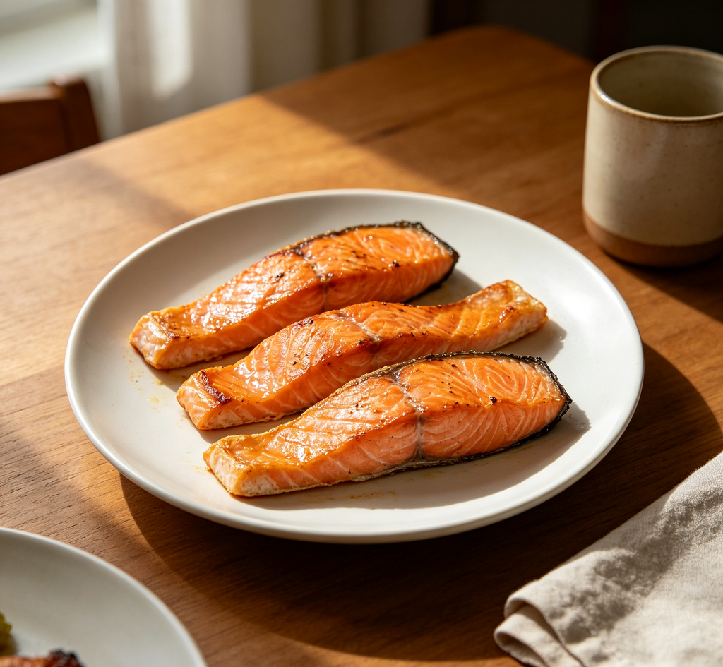Seared salmon fillets with a golden crust on a white plate (photo 2 of 3)