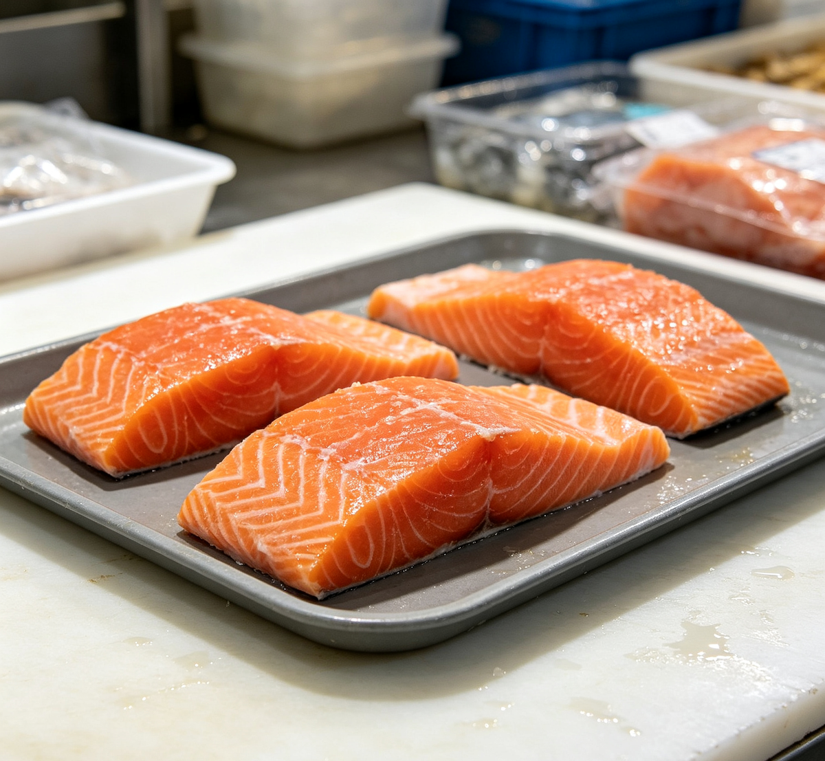 Seared salmon fillets with a golden crust on a white plate (photo 3 of 3)