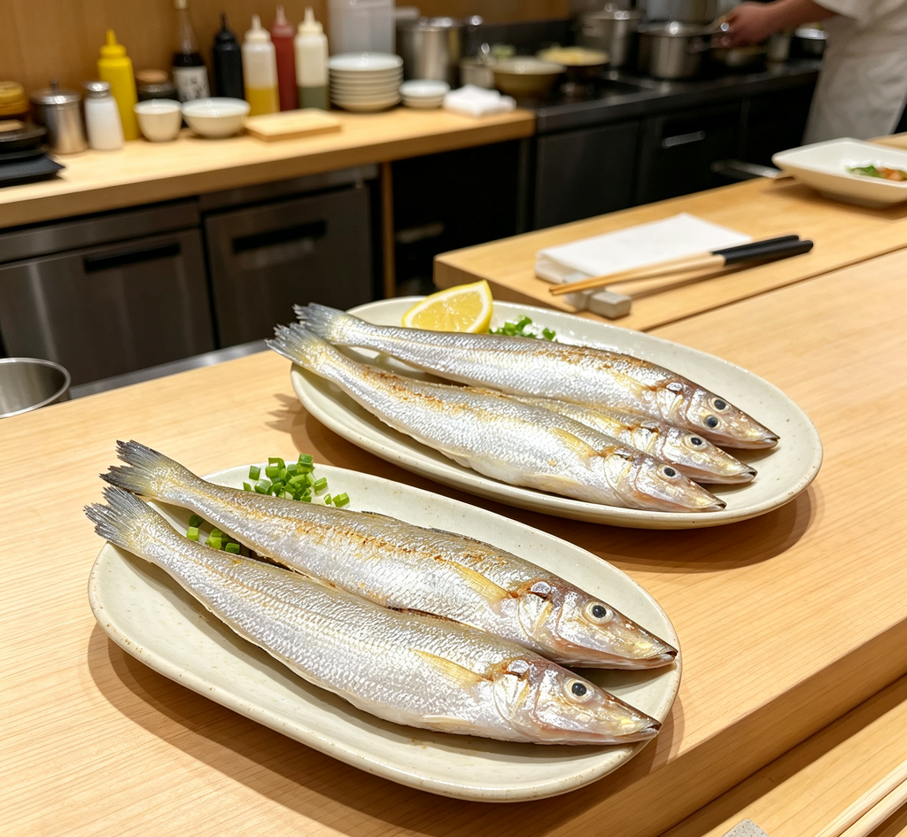 Fresh whole sea fish on an oval plate with lemon and spring onion (photo 1 of 3)