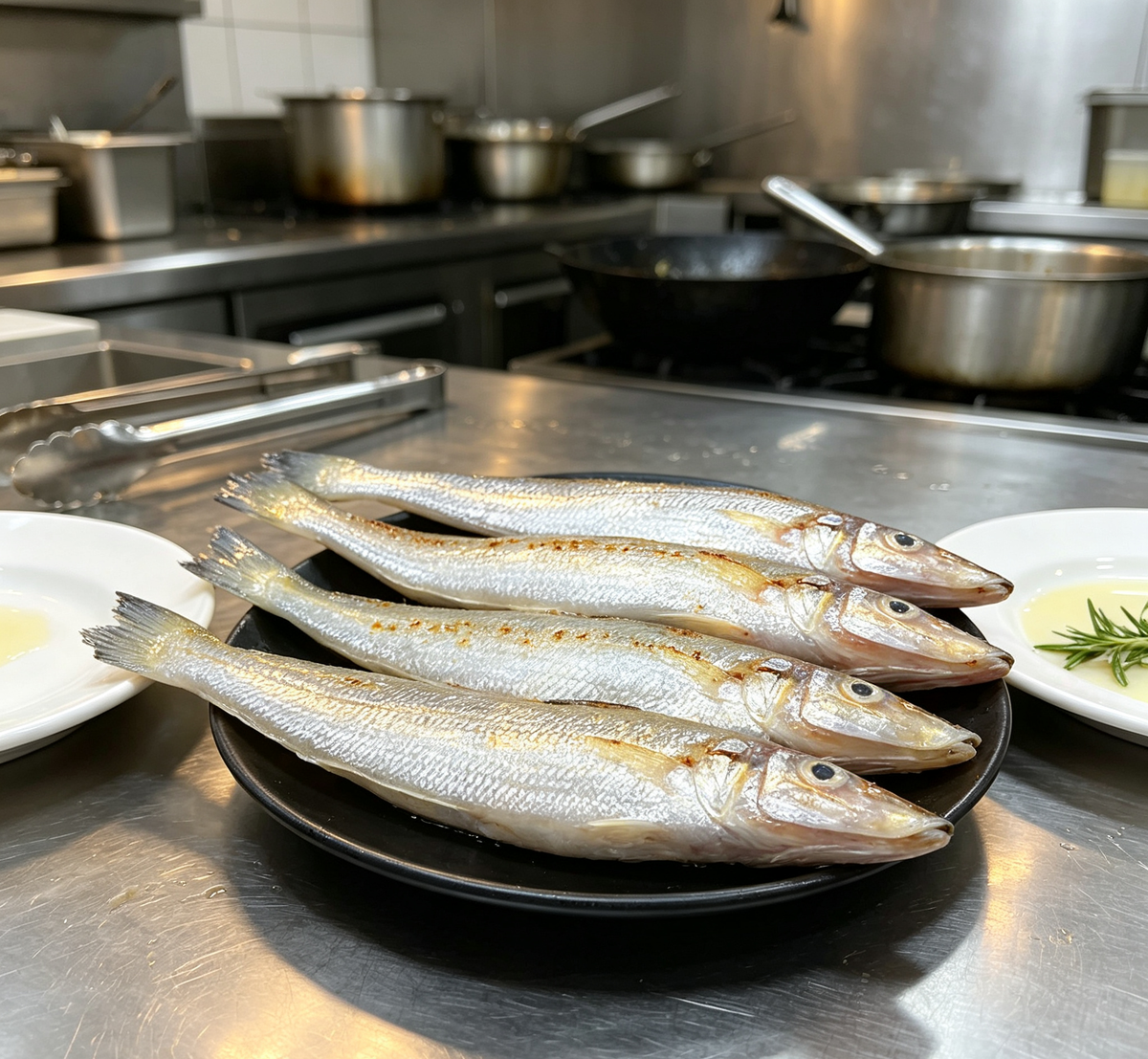 Fresh whole sea fish on an oval plate with lemon and spring onion (photo 2 of 3)