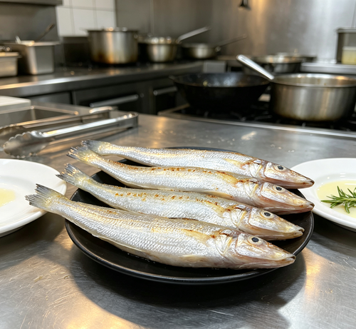 Fresh whole sea fish on an oval plate with lemon and spring onion (photo 2 of 3)