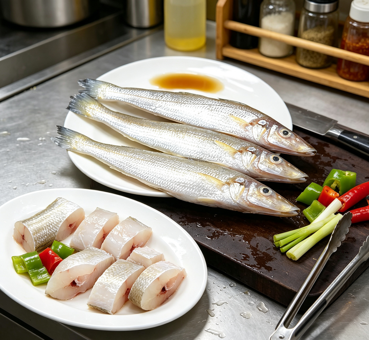 Fresh whole sea fish on an oval plate with lemon and spring onion (photo 3 of 3)