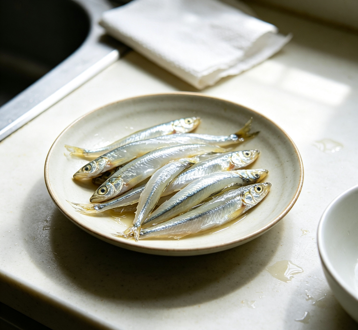Small silvery whole fish arranged for cooking (photo 1 of 3)