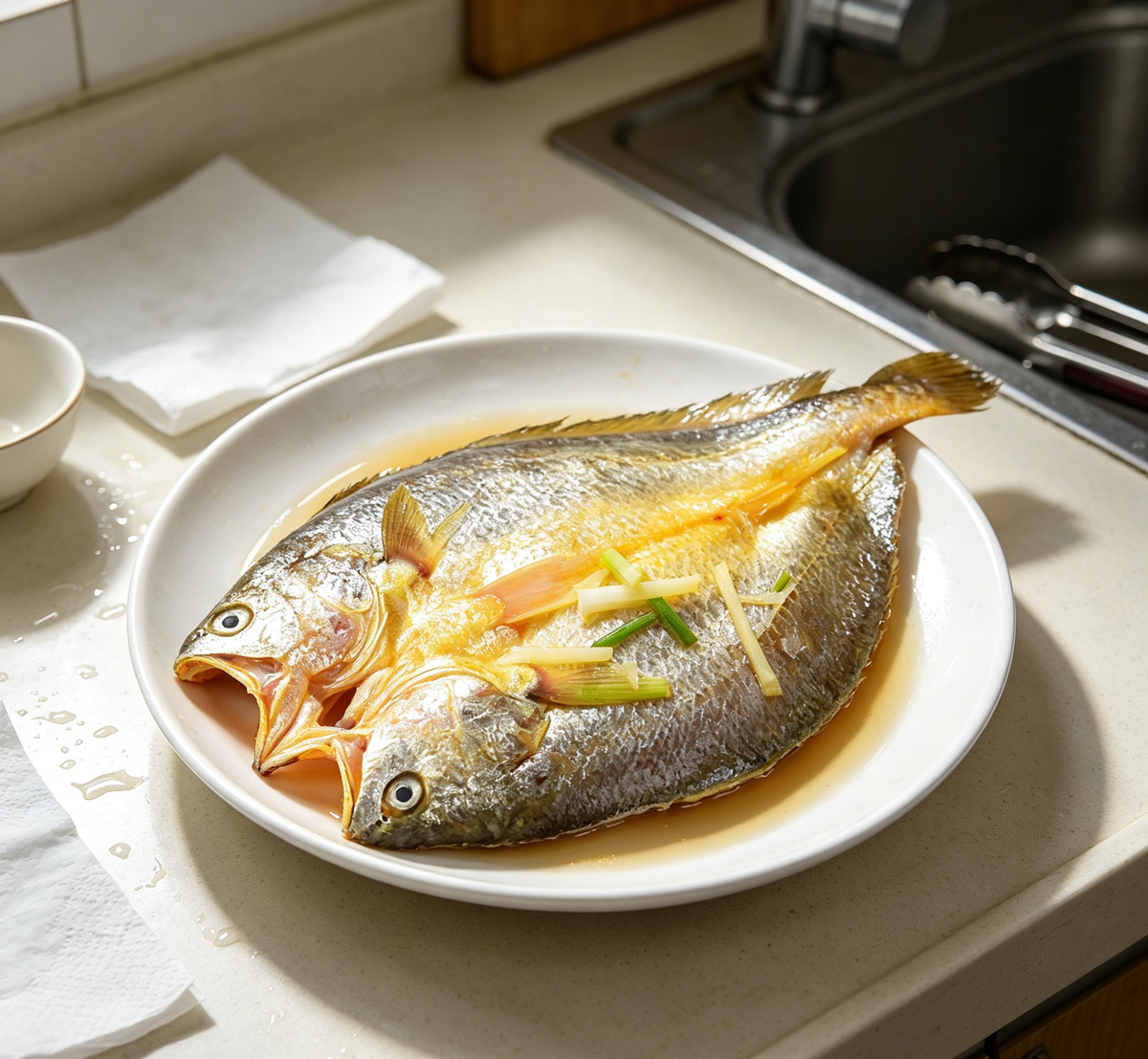 Golden whole fish on a white plate, ready to cook (photo 1 of 3)