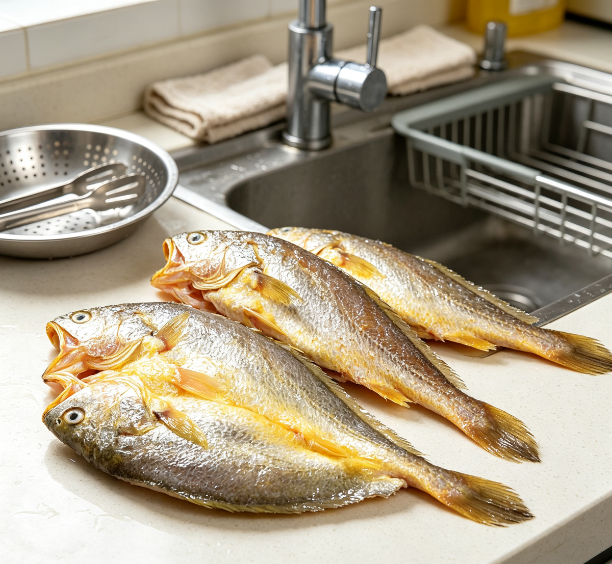 Golden whole fish on a white plate, ready to cook (photo 2 of 3)
