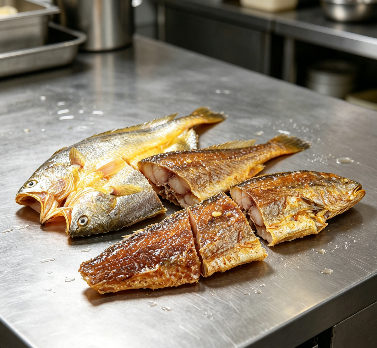 Golden whole fish on a white plate, ready to cook (photo 3 of 3)