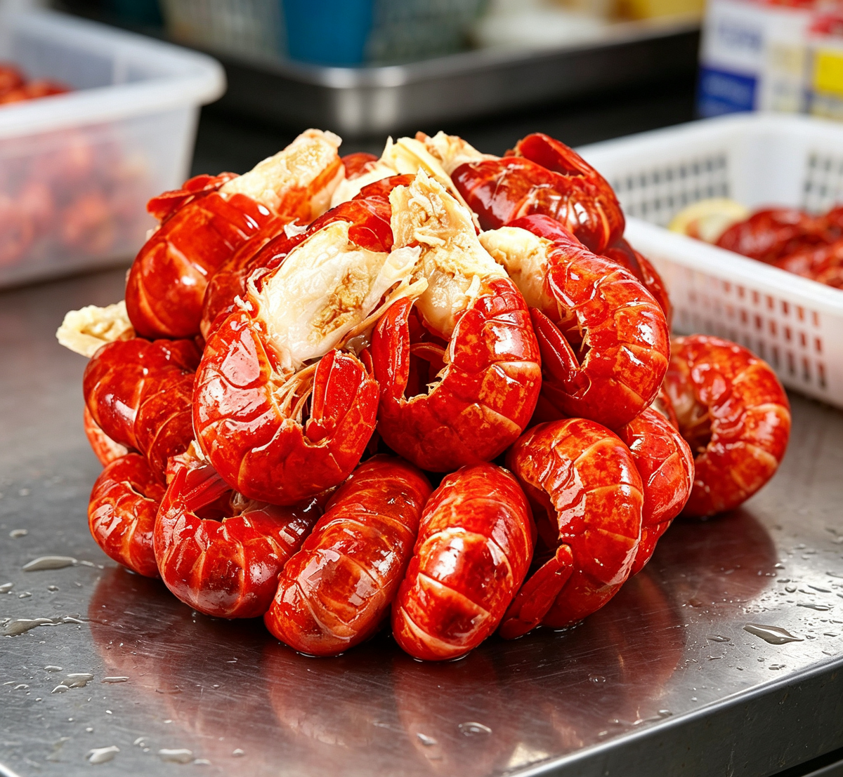 Cooked crawfish tails in a spiced sauce with fresh herbs (photo 1 of 3)