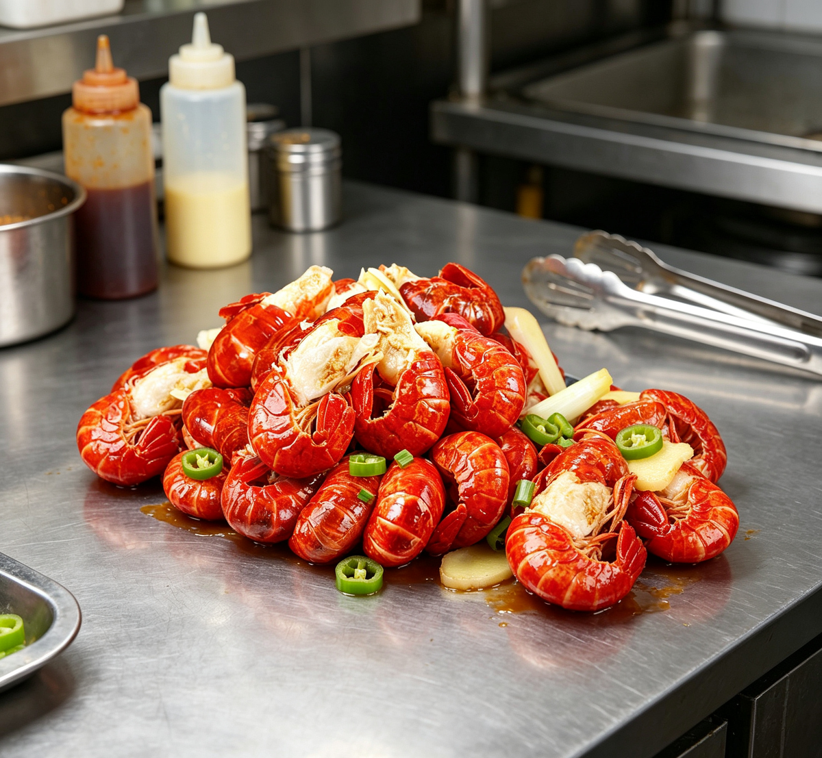 Cooked crawfish tails in a spiced sauce with fresh herbs (photo 2 of 3)